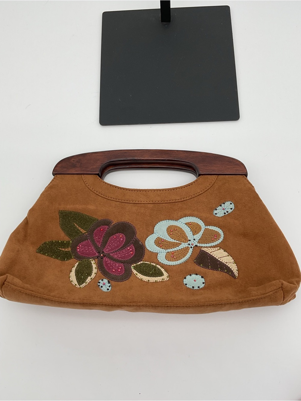 Forever Fossil Brown Faux Suede Floral Appliqué Handbag with Wooden Handles